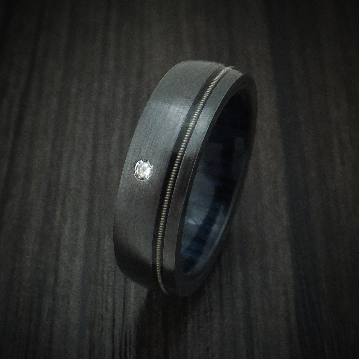 Nightfall XIII - Black Zirconium Guitar String Men's Wedding Ring with Diamond and Wood Sleeve - view 4 - Nura Lab