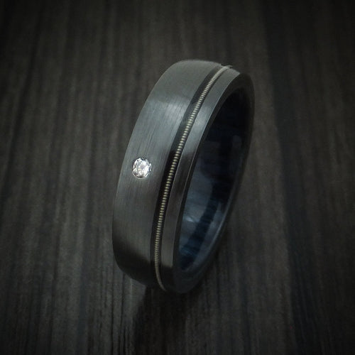 Nightfall XIII - Black Zirconium Guitar String Men's Wedding Ring with Diamond and Wood Sleeve - view 4 - Nura Lab