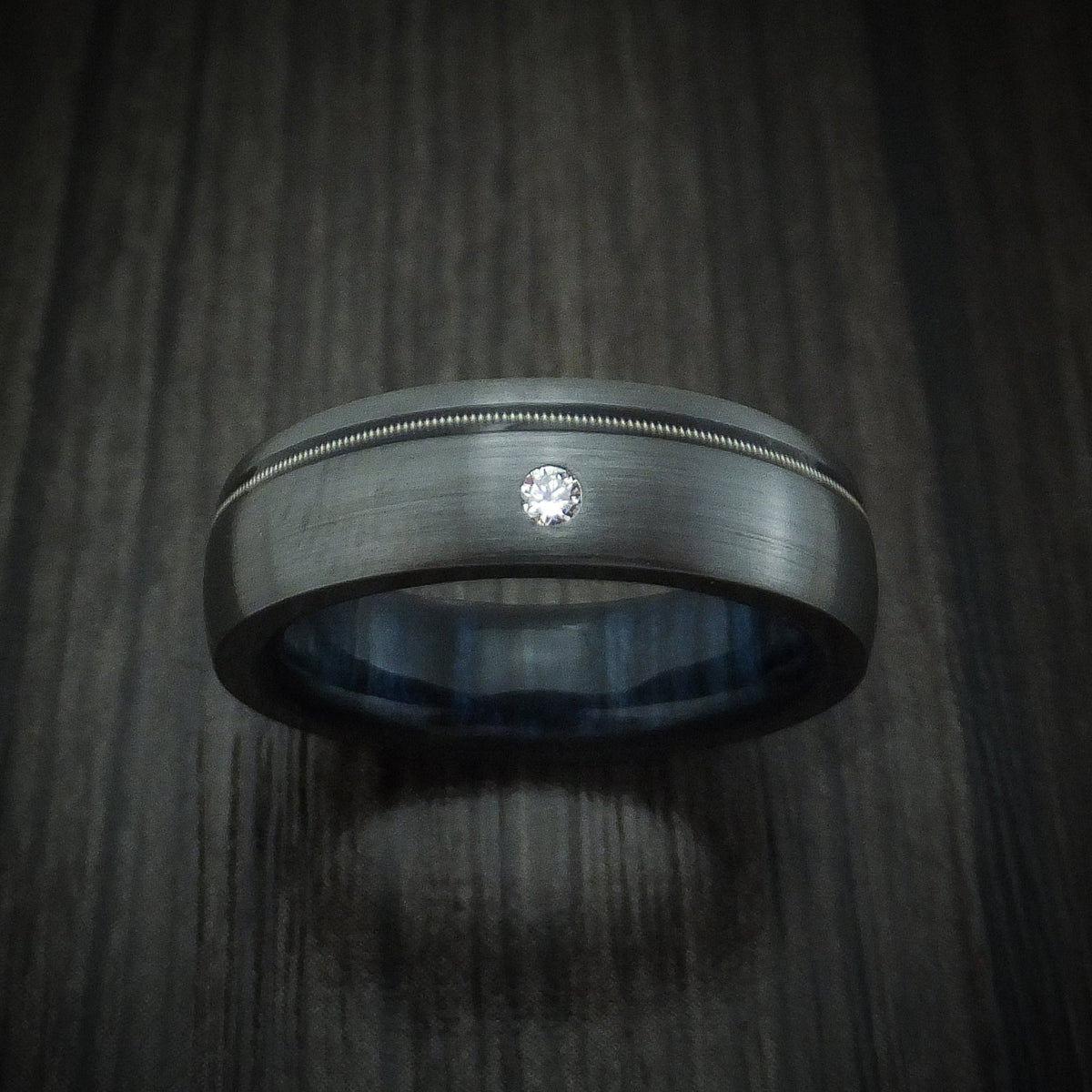 Nightfall XIII - Black Zirconium Guitar String Men's Wedding Ring with Diamond and Wood Sleeve - view 2 - Nura Lab