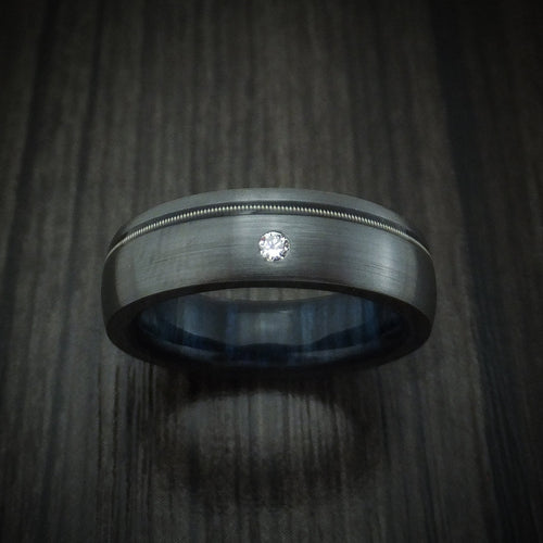 Nightfall XIII - Black Zirconium Guitar String Men's Wedding Ring with Diamond and Wood Sleeve - view 2 - Nura Lab