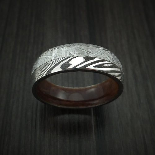 Leonidas IX - Damascus Steel and Gibeon Meteorite Men's Wedding Ring with Hardwood Sleeve Men's Band - view 2 - Nura Lab