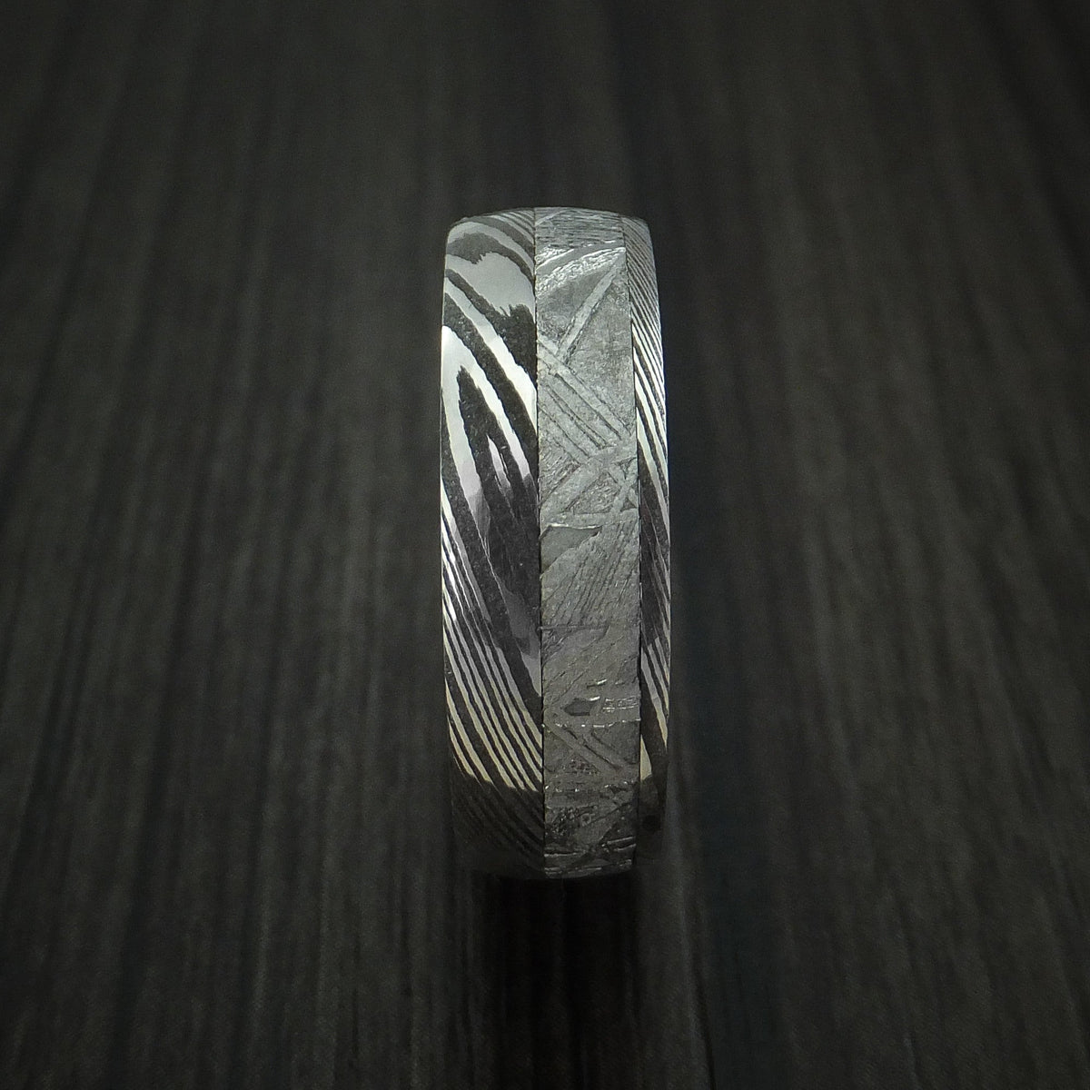 Leonidas IX - Damascus Steel and Gibeon Meteorite Men's Wedding Ring with Hardwood Sleeve Men's Band - view 3 - Nura Lab