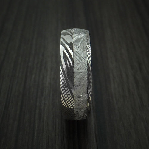 Leonidas IX - Damascus Steel and Gibeon Meteorite Men's Wedding Ring with Hardwood Sleeve Men's Band - view 3 - Nura Lab