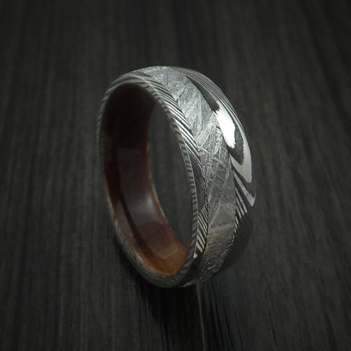 Leonidas IX - Damascus Steel and Gibeon Meteorite Men's Wedding Ring with Hardwood Sleeve Men's Band - Nura Lab