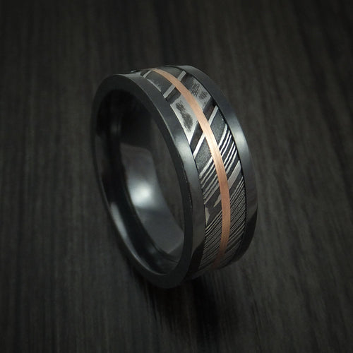 Redwood IX - Black Zirconium and Woodgrain Kuro Damascus Steel Band 14K Rose Gold Center Men's Wedding Ring - Nura Lab