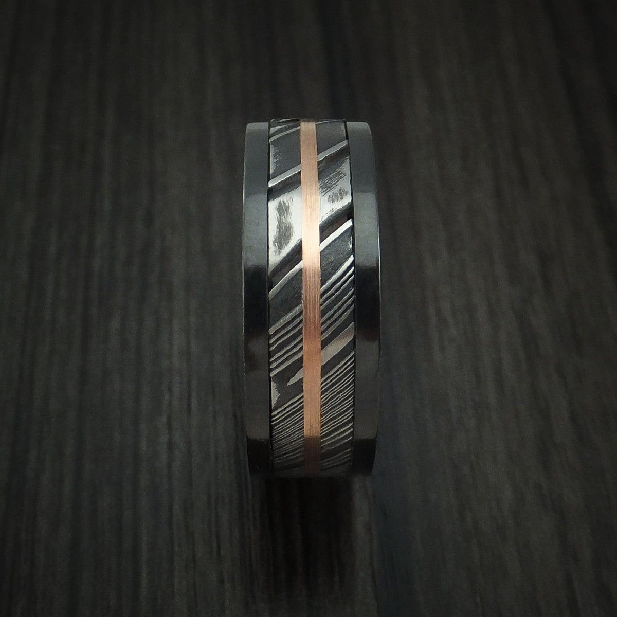 Redwood IX - Black Zirconium and Woodgrain Kuro Damascus Steel Band 14K Rose Gold Center Men's Wedding Ring - view 3 - Nura Lab