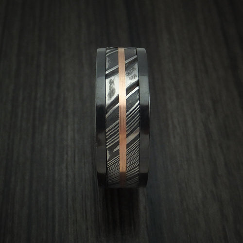 Redwood IX - Black Zirconium and Woodgrain Kuro Damascus Steel Band 14K Rose Gold Center Men's Wedding Ring - view 3 - Nura Lab