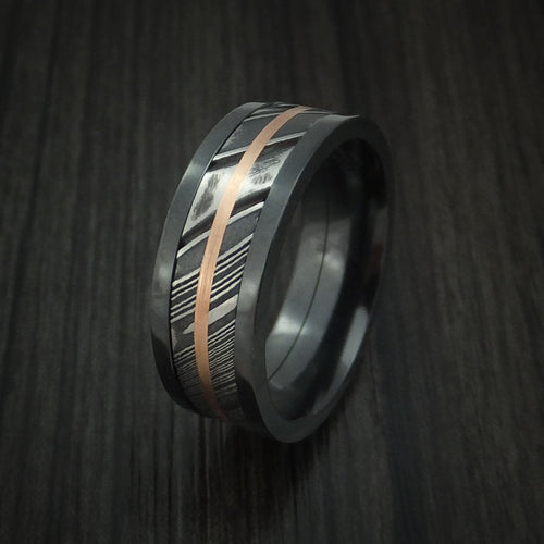 Redwood IX - Black Zirconium and Woodgrain Kuro Damascus Steel Band 14K Rose Gold Center Men's Wedding Ring - view 4 - Nura Lab