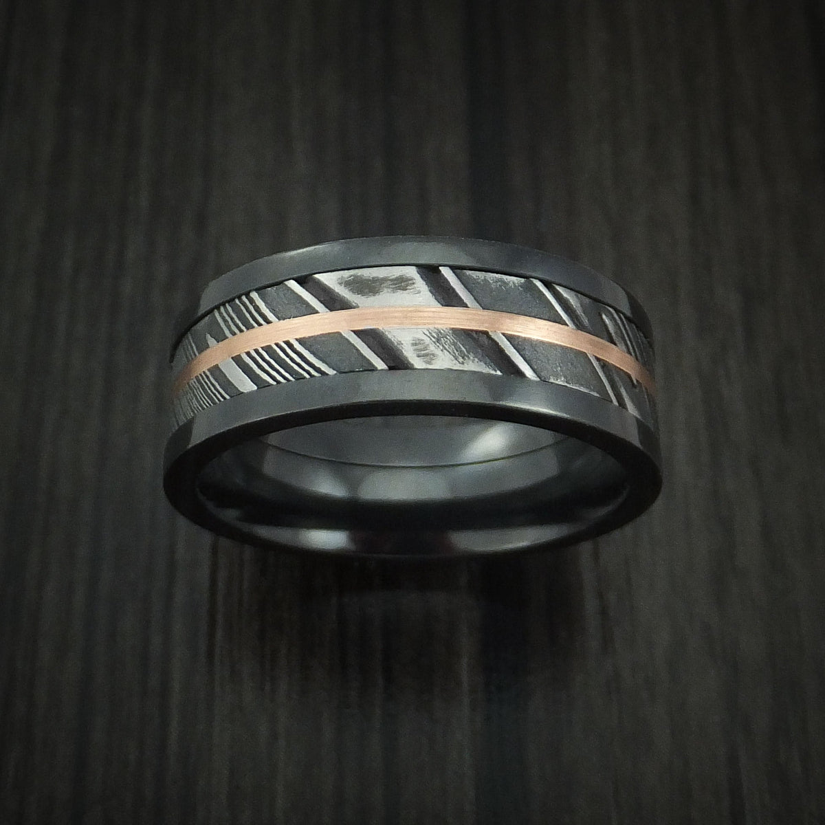 Redwood IX - Black Zirconium and Woodgrain Kuro Damascus Steel Band 14K Rose Gold Center Men's Wedding Ring - view 2 - Nura Lab