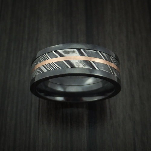 Redwood IX - Black Zirconium and Woodgrain Kuro Damascus Steel Band 14K Rose Gold Center Men's Wedding Ring - view 2 - Nura Lab