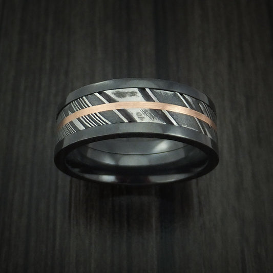 Redwood IX - Black Zirconium and Woodgrain Kuro Damascus Steel Band 14K Rose Gold Center Men's Wedding Ring - view 2 - Nura Lab