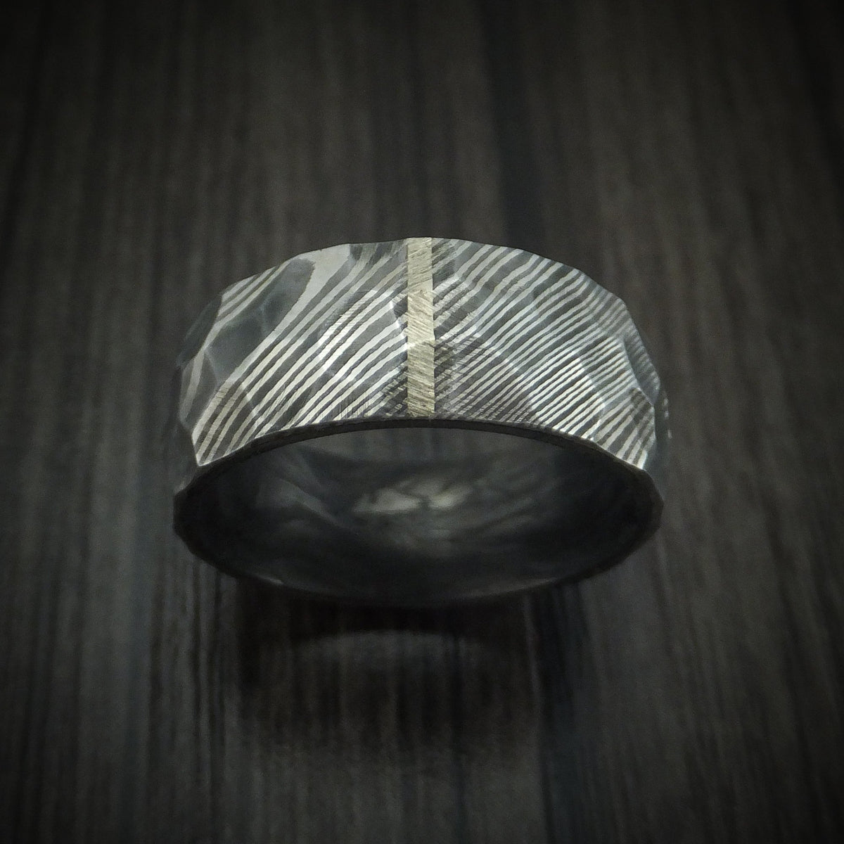 Kauri X - Damascus Steel Hammered Men's Wedding Ring with Vertical 14K Gold Inlay and Forged Carbon Fiber Sleeve - view 2 - Nura Lab