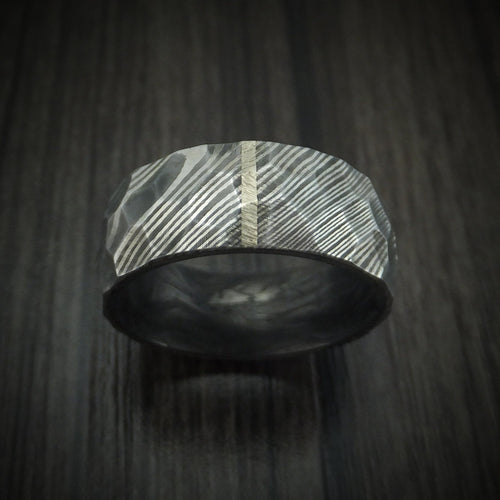 Kauri X - Damascus Steel Hammered Men's Wedding Ring with Vertical 14K Gold Inlay and Forged Carbon Fiber Sleeve - view 2 - Nura Lab