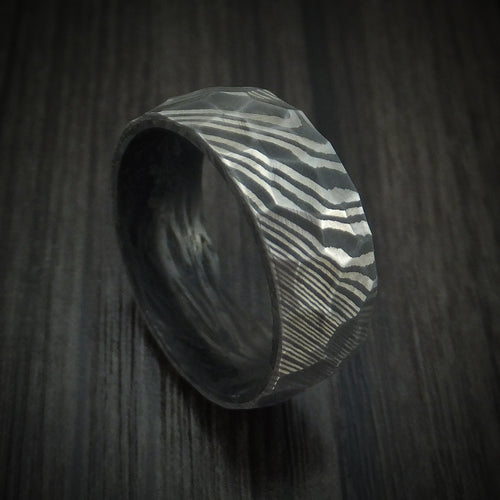 Ironwood XI - Damascus Steel Hammered Men's Wedding Ring with Forged Carbon Fiber Sleeve - Nura Lab