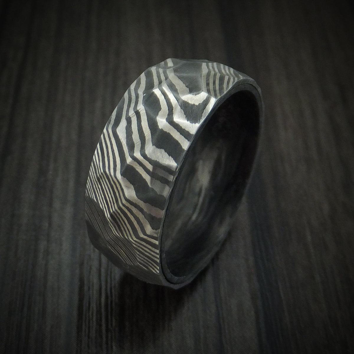 Ironwood XI - Damascus Steel Hammered Men's Wedding Ring with Forged Carbon Fiber Sleeve - view 4 - Nura Lab