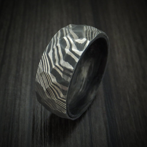 Ironwood XI - Damascus Steel Hammered Men's Wedding Ring with Forged Carbon Fiber Sleeve - view 4 - Nura Lab