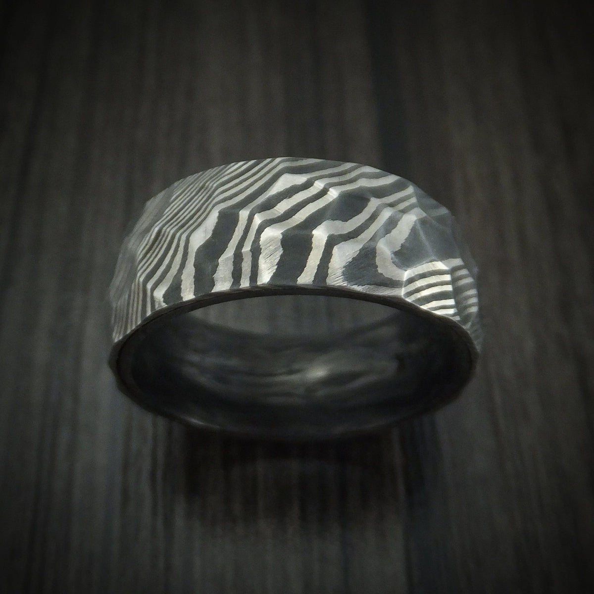 Ironwood XI - Damascus Steel Hammered Men's Wedding Ring with Forged Carbon Fiber Sleeve - view 2 - Nura Lab