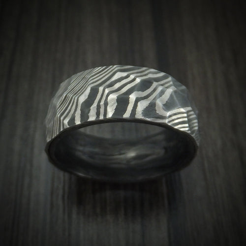 Ironwood XI - Damascus Steel Hammered Men's Wedding Ring with Forged Carbon Fiber Sleeve - view 2 - Nura Lab