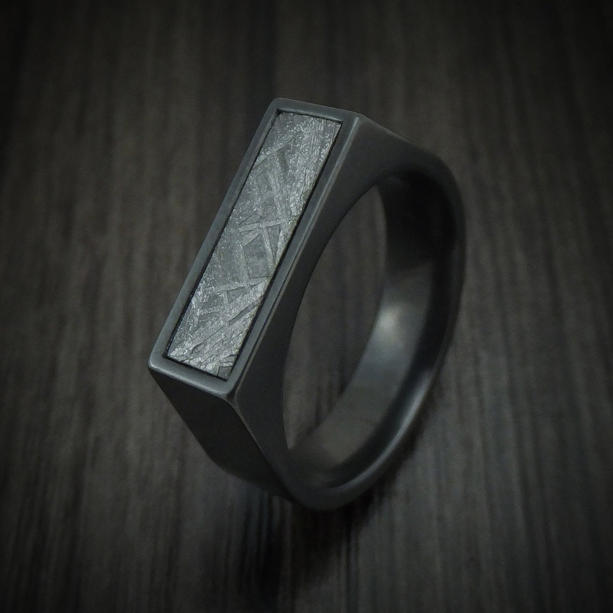 Coal XVII - Black Zirconium Signet Men's Wedding Ring with Gibeon Meteorite Inlay - view 4 - Nura Lab