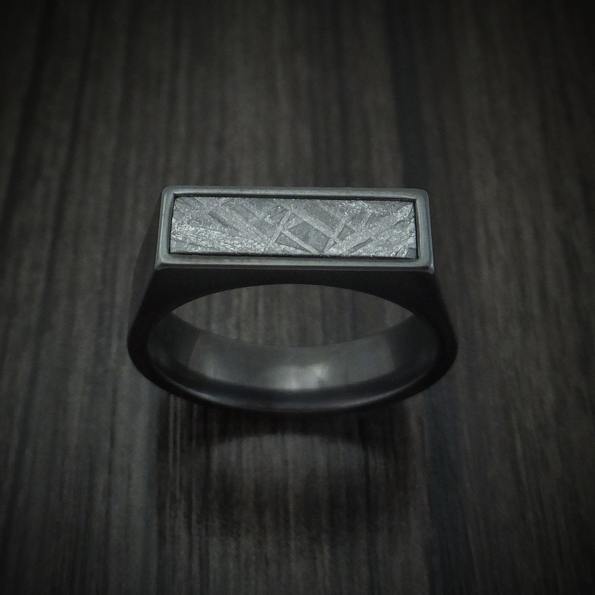 Coal XVII - Black Zirconium Signet Men's Wedding Ring with Gibeon Meteorite Inlay - view 2 - Nura Lab