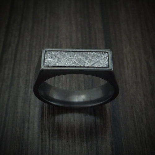 Coal XVII - Black Zirconium Signet Men's Wedding Ring with Gibeon Meteorite Inlay - view 2 - Nura Lab