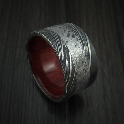 Orion XI - Woodgrain Kuro Damascus Steel Men's Wedding Ring with Gibeon Meteorite and Red Heart Hardwood Band - Nura Lab