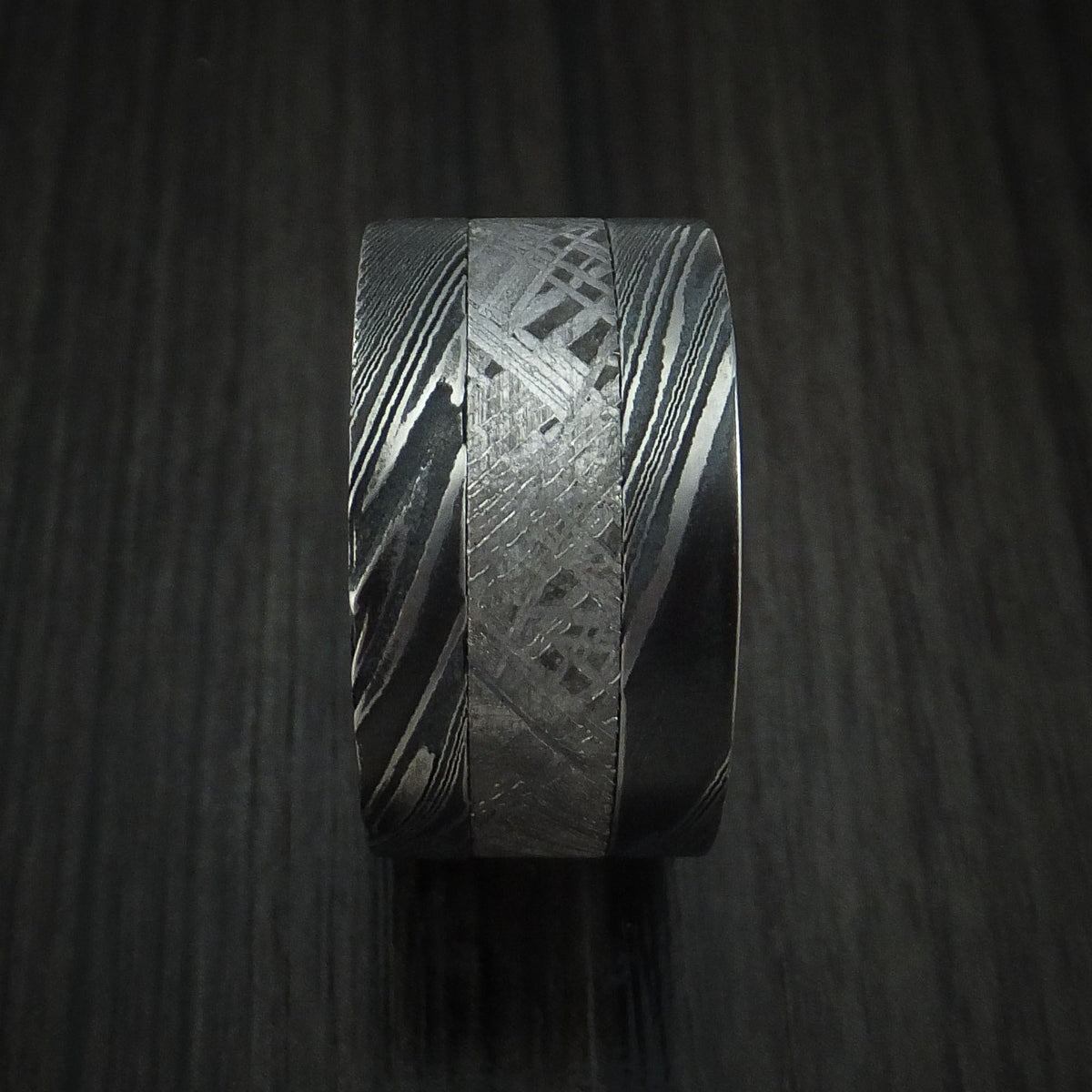 Orion XI - Woodgrain Kuro Damascus Steel Men's Wedding Ring with Gibeon Meteorite and Red Heart Hardwood Band - view 3 - Nura Lab