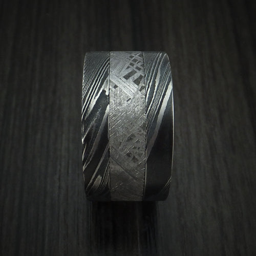 Orion XI - Woodgrain Kuro Damascus Steel Men's Wedding Ring with Gibeon Meteorite and Red Heart Hardwood Band - view 3 - Nura Lab