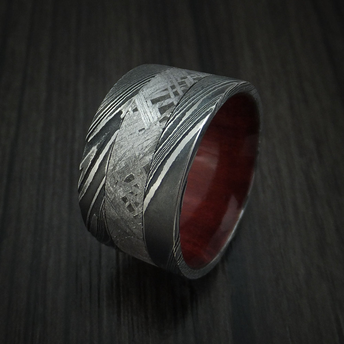 Orion XI - Woodgrain Kuro Damascus Steel Men's Wedding Ring with Gibeon Meteorite and Red Heart Hardwood Band - view 4 - Nura Lab