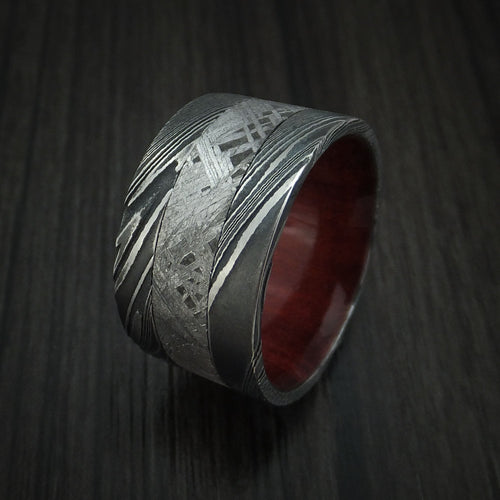Orion XI - Woodgrain Kuro Damascus Steel Men's Wedding Ring with Gibeon Meteorite and Red Heart Hardwood Band - view 4 - Nura Lab