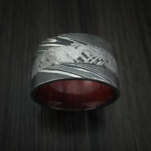 Orion XI - Woodgrain Kuro Damascus Steel Men's Wedding Ring with Gibeon Meteorite and Red Heart Hardwood Band - view 2 - Nura Lab