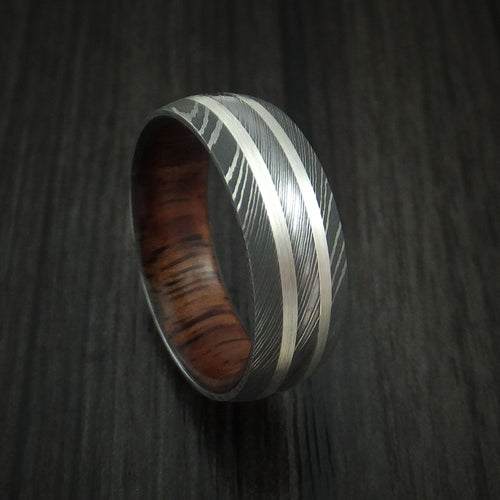 Kauri IX - Damascus Steel Men's Wedding Ring with Silver Inlays and Koa Hard Wood Sleeve - Nura Lab