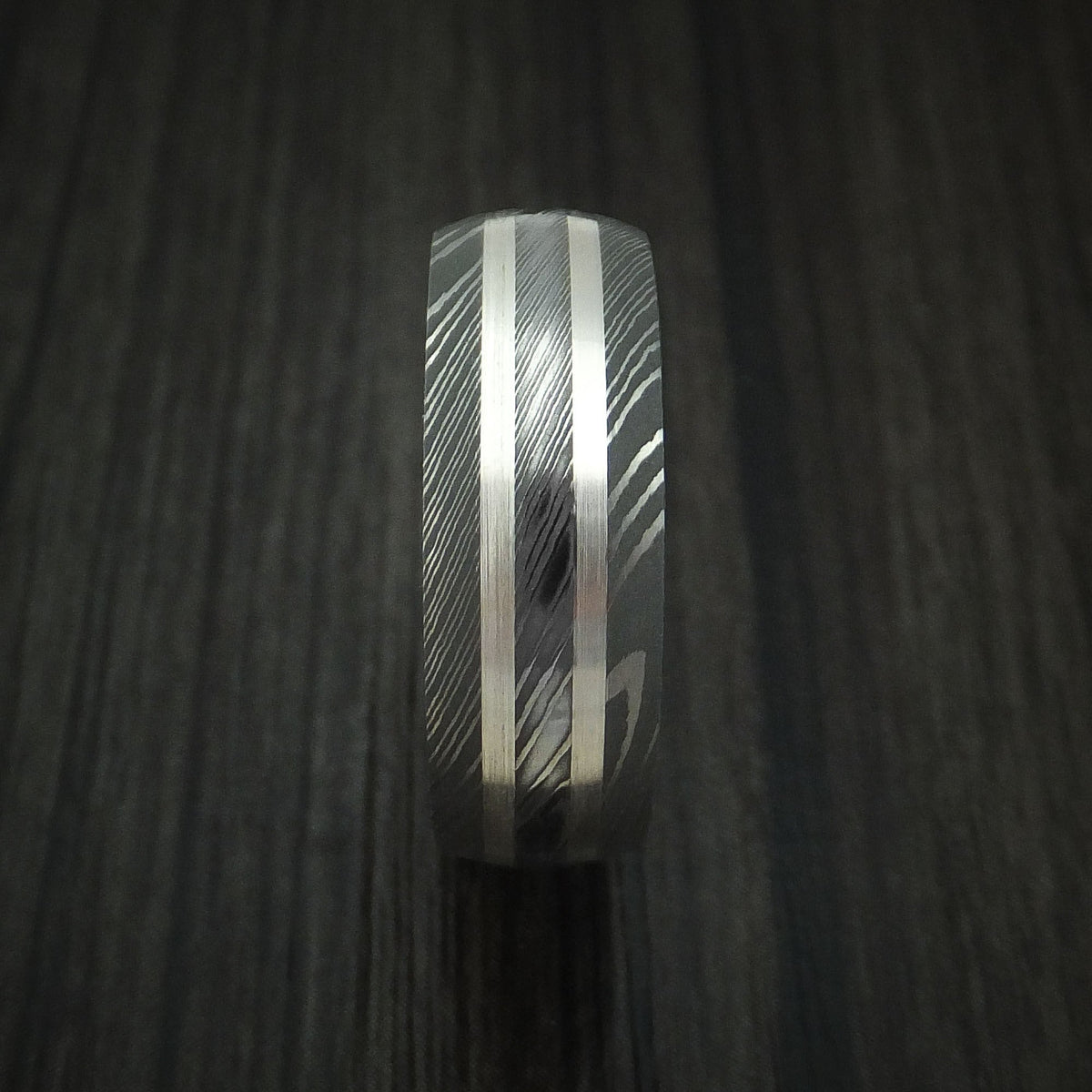 Kauri IX - Damascus Steel Men's Wedding Ring with Silver Inlays and Koa Hard Wood Sleeve - view 3 - Nura Lab