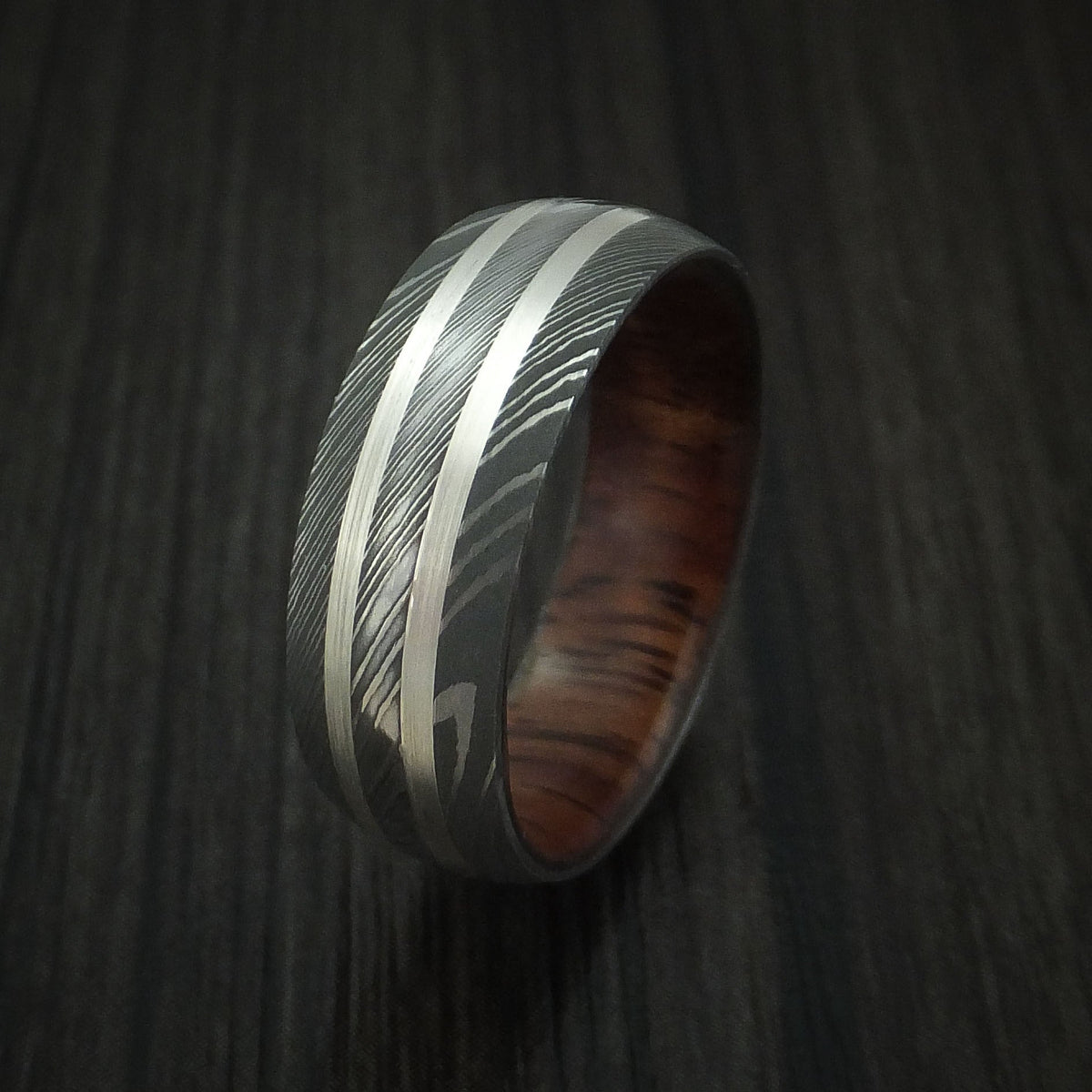 Kauri IX - Damascus Steel Men's Wedding Ring with Silver Inlays and Koa Hard Wood Sleeve - view 4 - Nura Lab