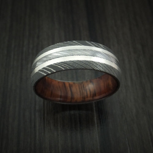 Kauri IX - Damascus Steel Men's Wedding Ring with Silver Inlays and Koa Hard Wood Sleeve - view 2 - Nura Lab