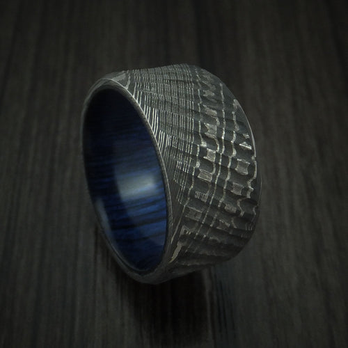 Nightfall X - Damascus Steel Tree Bark Carved Men's Wedding Ring with Blueberry Hardwood Band - Nura Lab