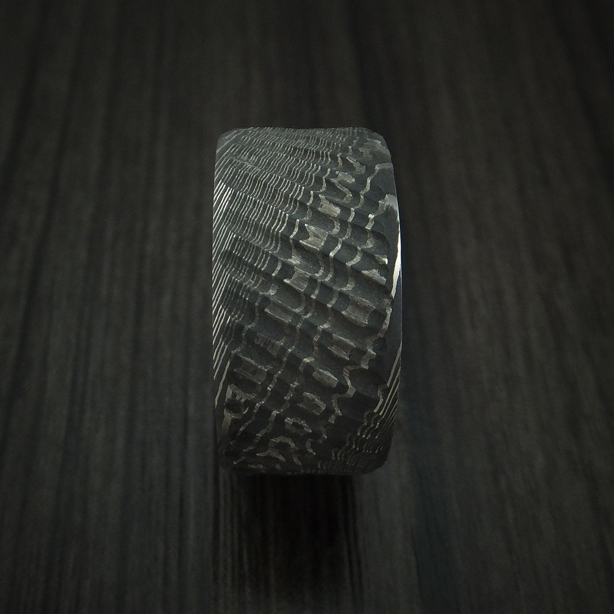Nightfall X - Damascus Steel Tree Bark Carved Men's Wedding Ring with Blueberry Hardwood Band - view 3 - Nura Lab