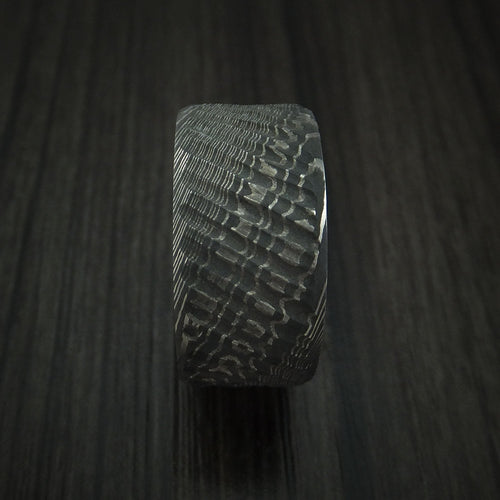 Nightfall X - Damascus Steel Tree Bark Carved Men's Wedding Ring with Blueberry Hardwood Band - view 3 - Nura Lab
