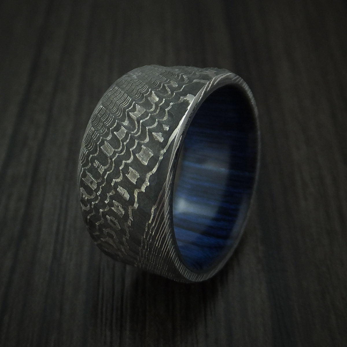 Nightfall X - Damascus Steel Tree Bark Carved Men's Wedding Ring with Blueberry Hardwood Band - view 4 - Nura Lab