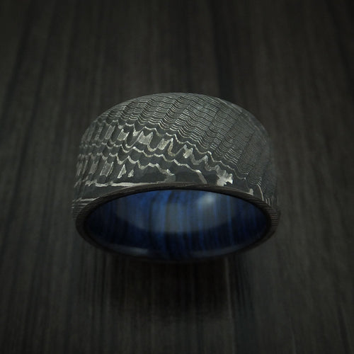 Nightfall X - Damascus Steel Tree Bark Carved Men's Wedding Ring with Blueberry Hardwood Band - view 2 - Nura Lab