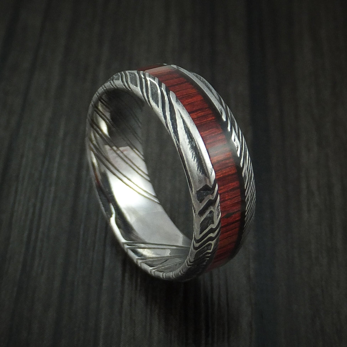 Evernorth XI - Woodgrain Kuro Damascus Steel Men's Wedding Ring with Cocobolo Hardwood Inlay Band - Nura Lab