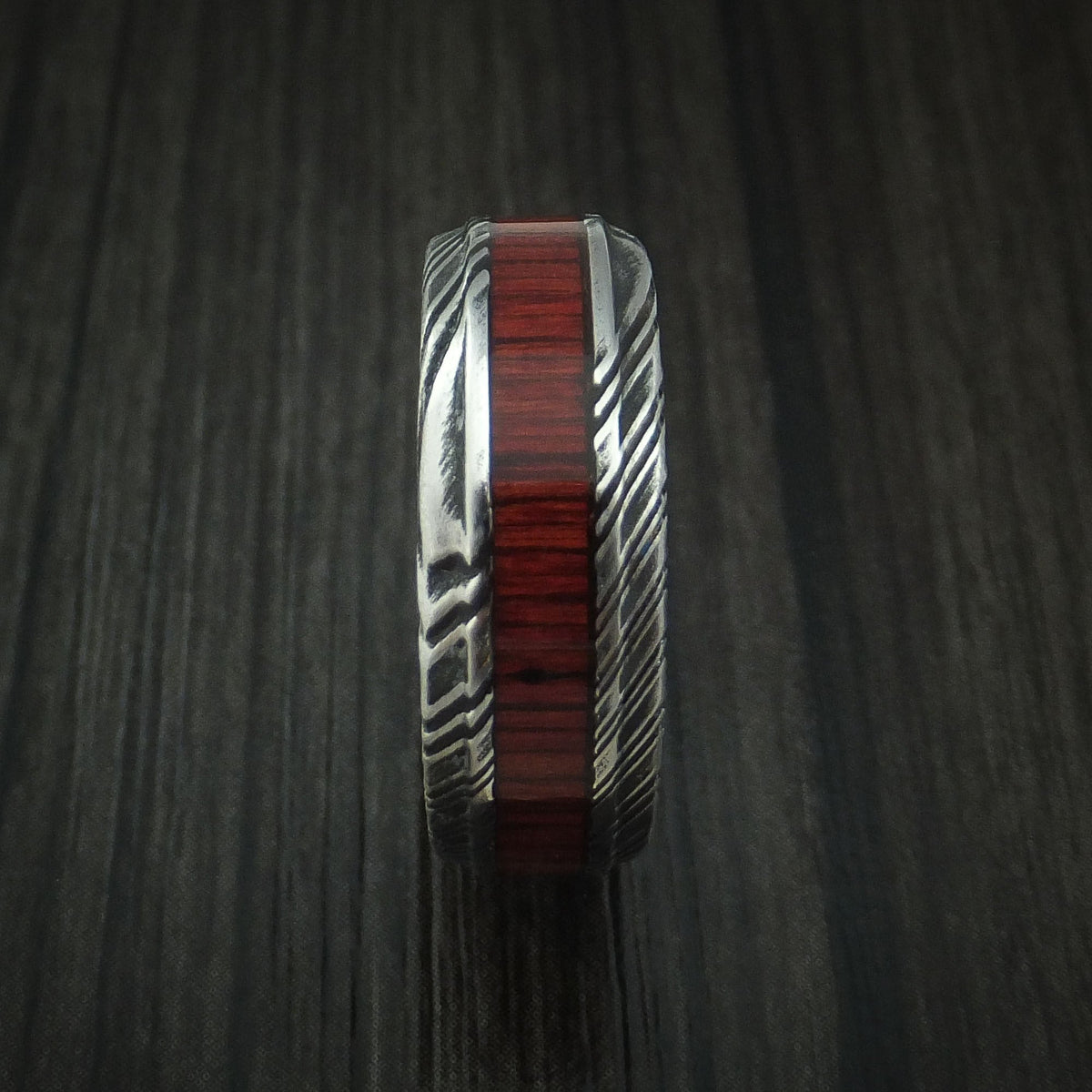 Evernorth XI - Woodgrain Kuro Damascus Steel Men's Wedding Ring with Cocobolo Hardwood Inlay Band - view 3 - Nura Lab