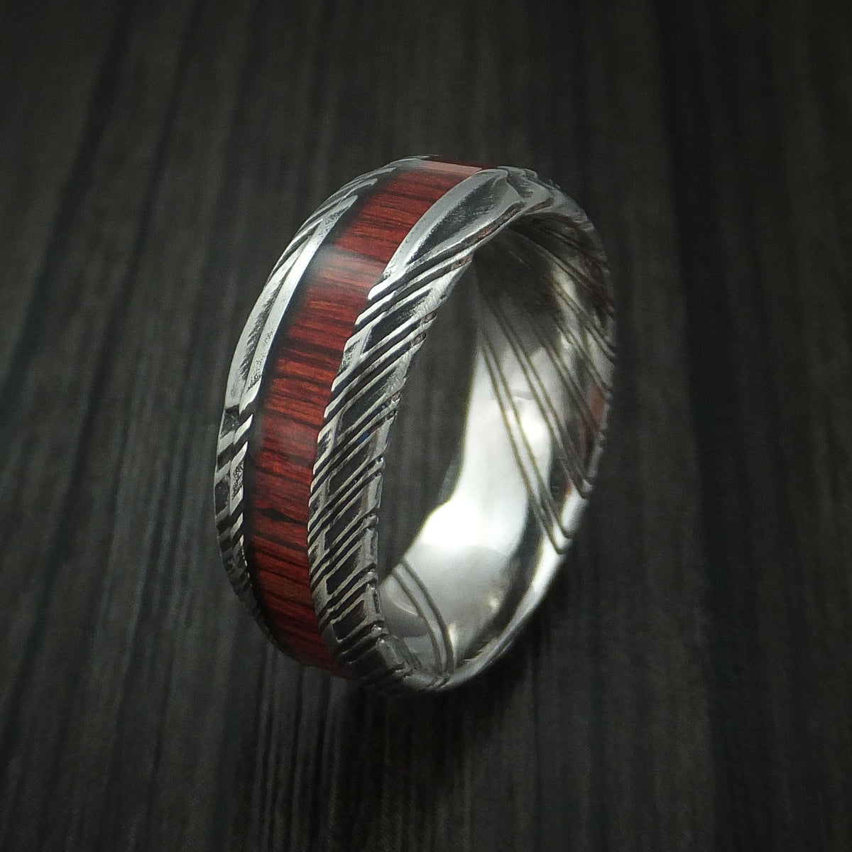Evernorth XI - Woodgrain Kuro Damascus Steel Men's Wedding Ring with Cocobolo Hardwood Inlay Band - view 4 - Nura Lab
