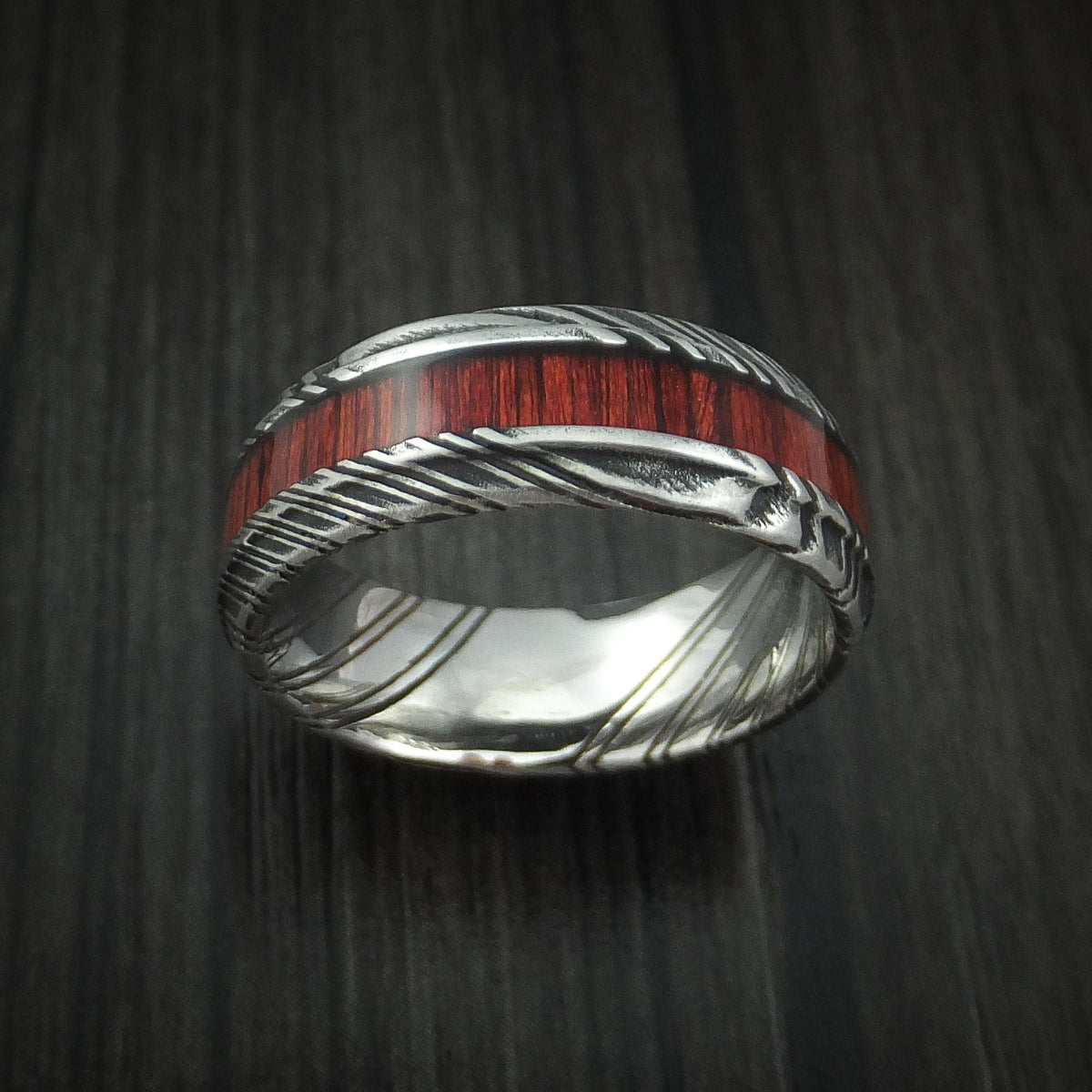 Evernorth XI - Woodgrain Kuro Damascus Steel Men's Wedding Ring with Cocobolo Hardwood Inlay Band - view 2 - Nura Lab