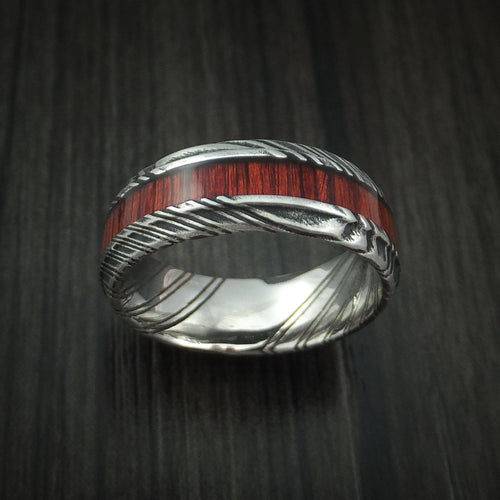 Evernorth XI - Woodgrain Kuro Damascus Steel Men's Wedding Ring with Cocobolo Hardwood Inlay Band - view 2 - Nura Lab