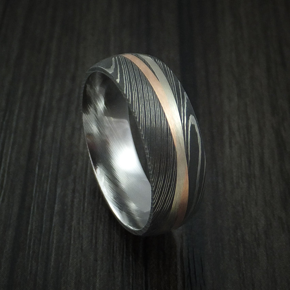 Everest X - Damascus Steel Men's Ring with Diagonal 14K Rose Gold and White Gold Inlays Wedding Ring - Nura Lab