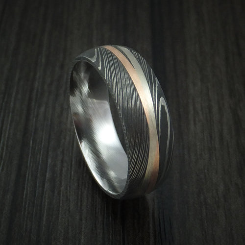 Everest X - Damascus Steel Men's Ring with Diagonal 14K Rose Gold and White Gold Inlays Wedding Ring - Nura Lab