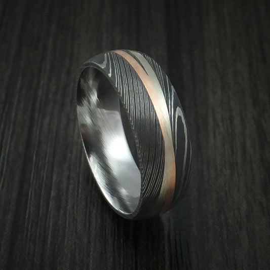 Everest X - Damascus Steel Men's Ring with Diagonal 14K Rose Gold and White Gold Inlays Wedding Ring - Nura Lab