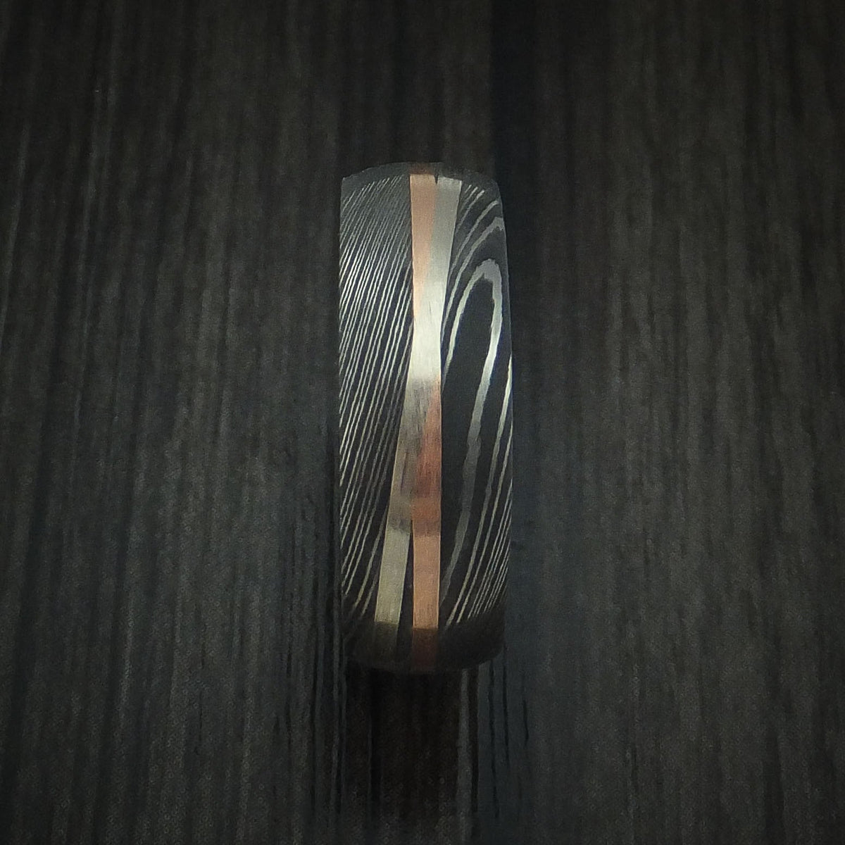 Everest X - Damascus Steel Men's Ring with Diagonal 14K Rose Gold and White Gold Inlays Wedding Ring - view 3 - Nura Lab