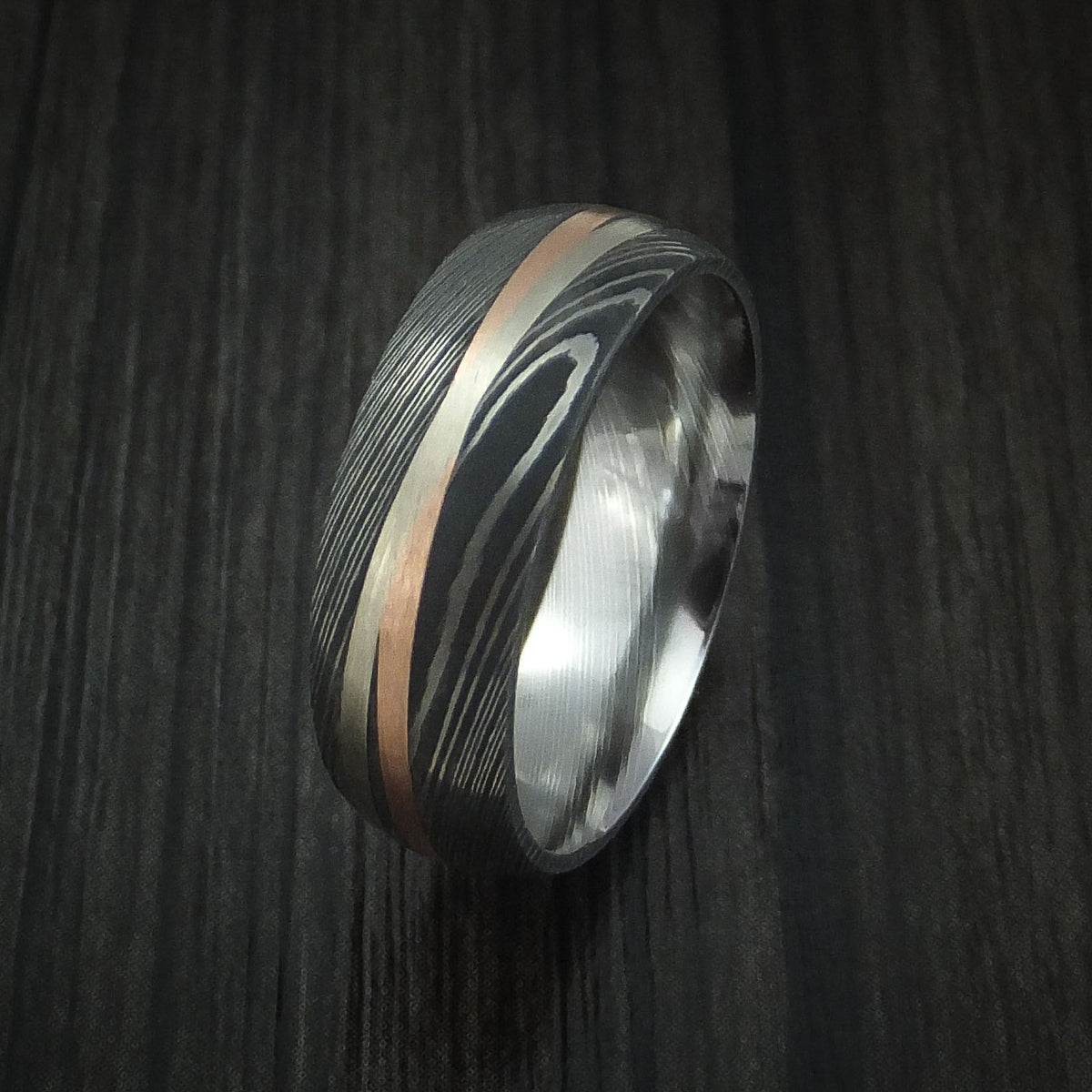 Everest X - Damascus Steel Men's Ring with Diagonal 14K Rose Gold and White Gold Inlays Wedding Ring - view 4 - Nura Lab